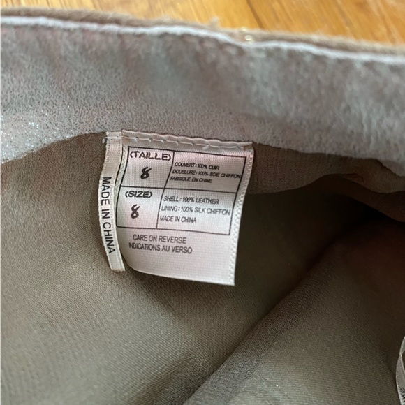 Vintage 90s/Y2K Leather Suede Gored Pieced Flare Mini Midi Taupe/Tan Skirt 8 - Picture 14 of 15